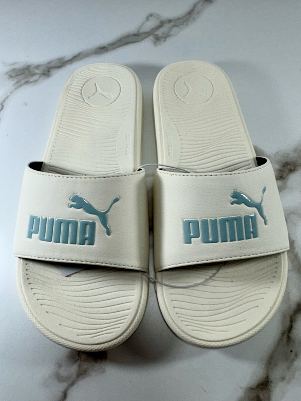 Puma Cool Cat 2 White Turquoise Blue Logo Women’s Slippers Slides Sandals